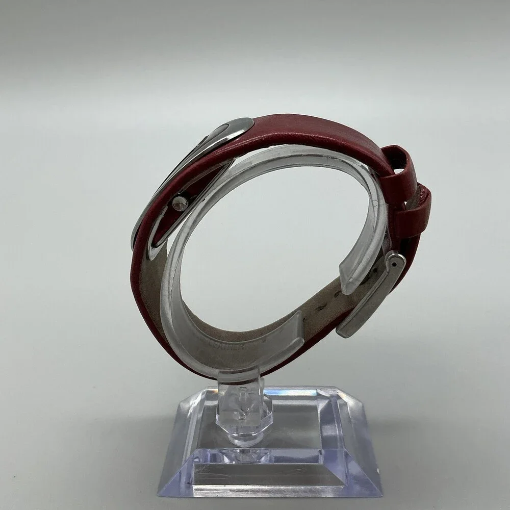 DKNY Womens Watch 33mm Silver Tone White Dial Red Leather Dress Cuff New Battery